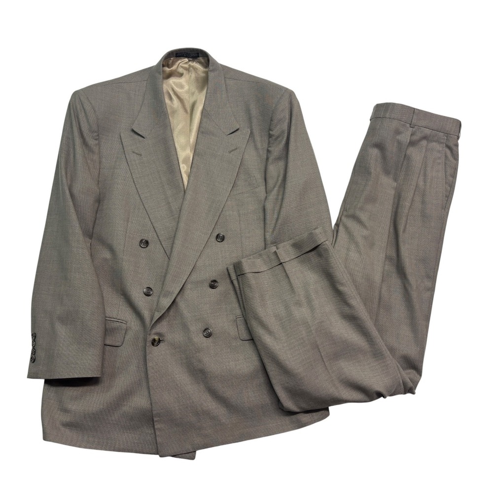 vtg 90s Cellini 44L 35x32 Beige Double Breasted 2pc Pant Suit Wool Pleated Cuff